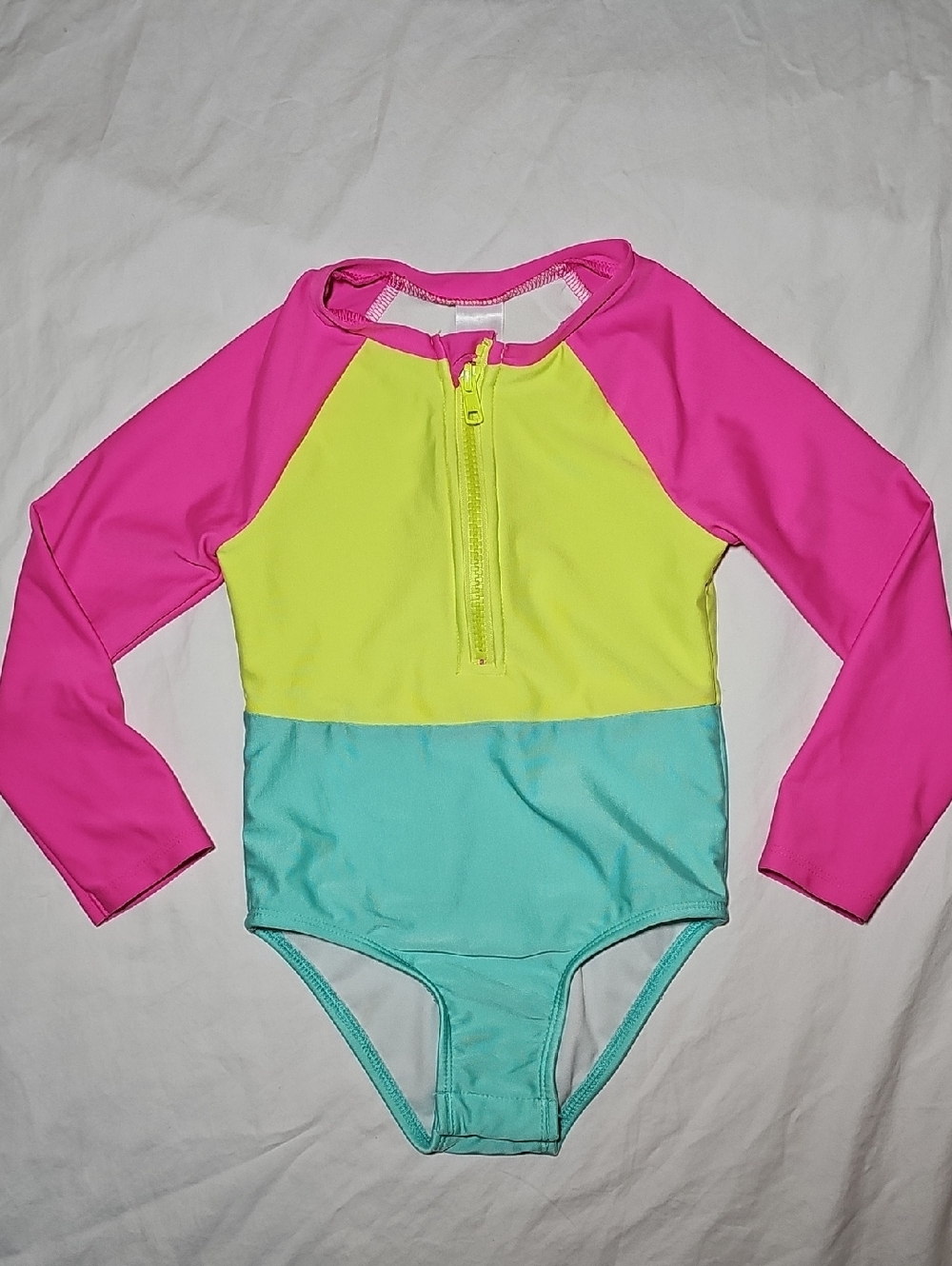 Kids Long Sleeve Colorblock Rash Guard Swimsuit - Pink, Yellow & Teal